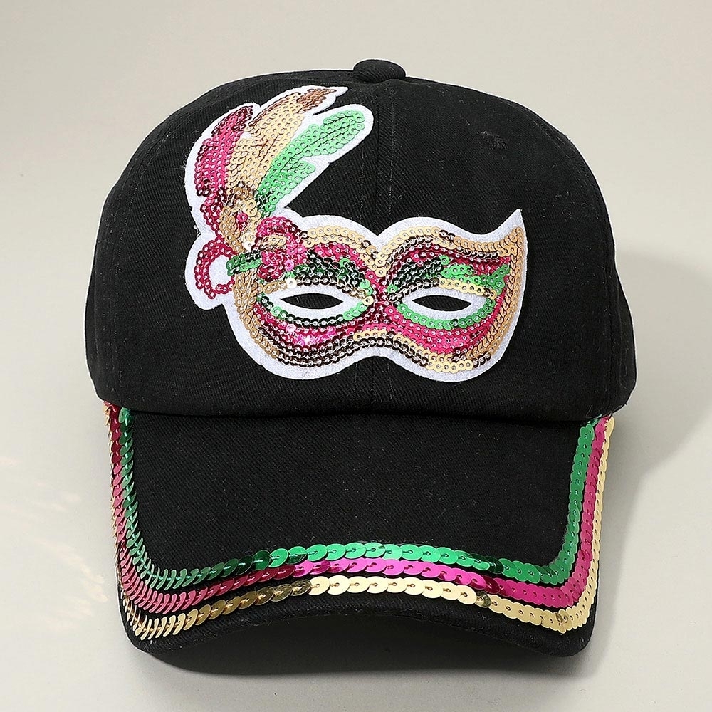 Black Mask Patch Mardi Gras Sequin Brim Baseball Cap Hat